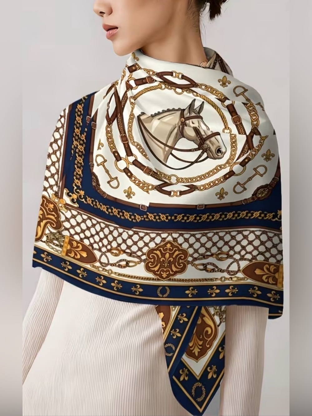 Decorative Horse-Print Scarf in Navy and Gold